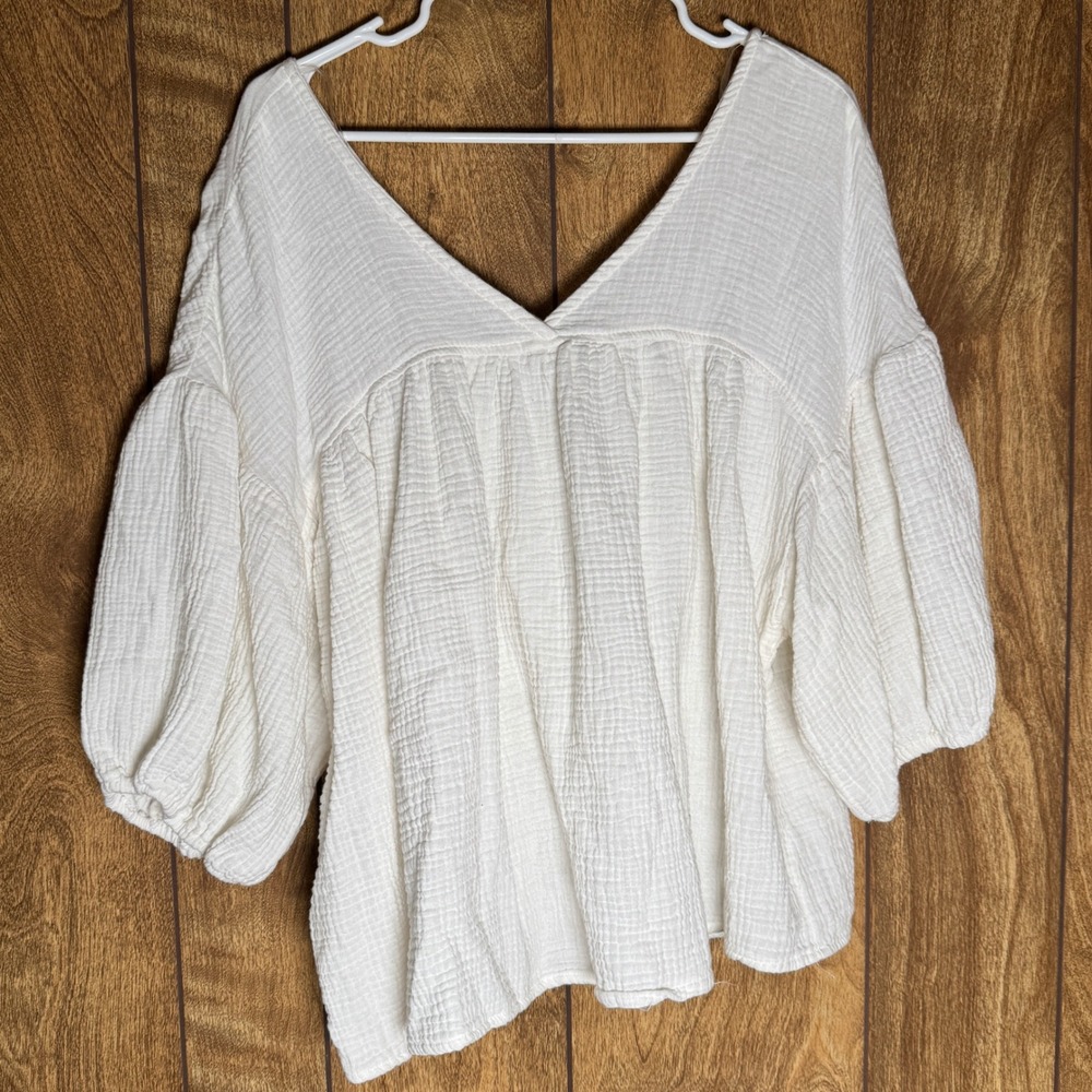 Ces Femme Women White Cotton V-Neck Balloon Sleeve Blouse Top Large Boho Cottage